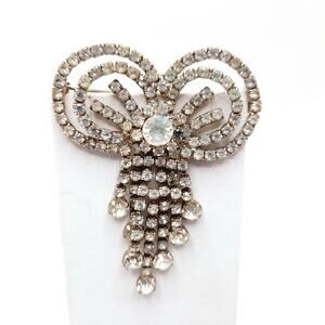 Vintage Clear Rhinestone Bow Brooch, Silver Tone Dangle Design, 1950s Sparkle